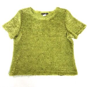 Cactus Flower Fuzzy Eyelash Knit Top Women's Medium Chartreuse‎ Short Sleeve